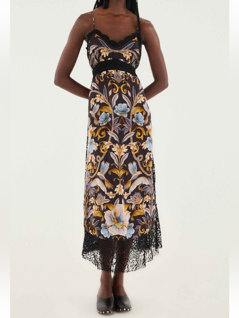 FARM Rio Snake Garden Black Floral Lace Trim Midi Dress NWT Size XL